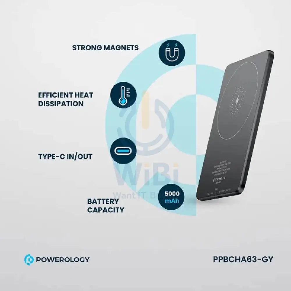 Powerology Ultra-Thin MagSafe Power Bank - 5000mAh / Type-C / Grey Accessories > Power Bank
