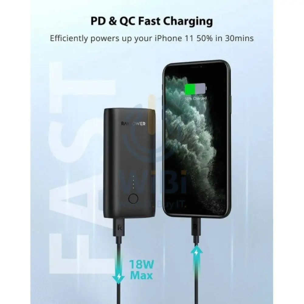 RAVPOWER RP-PB205DGR 10000mAh PD + QC 20W Power Bank - Black Accessories > Power Adapters