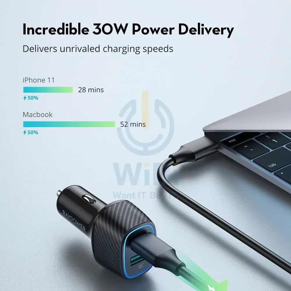 RAVPower RP-VC009 48W Dual Port Car Charger with PD30W + QC3.0 Black Offline Accessories > Power Adapters