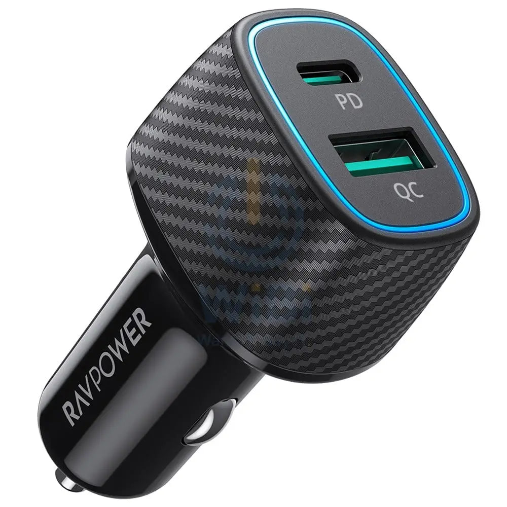 RAVPower RP-VC009 48W Dual Port Car Charger with PD30W + QC3.0 Black Offline Accessories > Power Adapters