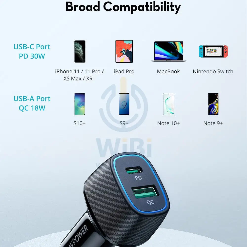 RAVPower RP-VC009 48W Dual Port Car Charger with PD30W + QC3.0 Black Offline Accessories > Power Adapters