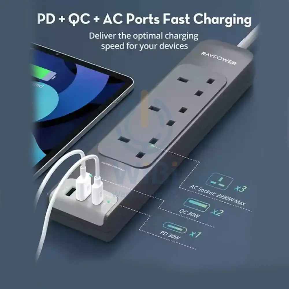 RAVPower Wall Charger 30W Power Strip UK - 3M / USB-A / Type-C - Gray Accessories > Power > Power Protection > Surge