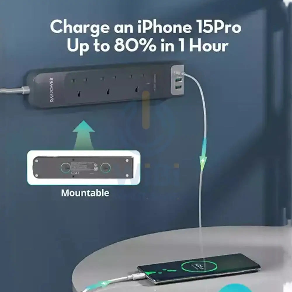 RAVPower Wall Charger 30W Power Strip UK - 3M / USB-A / Type-C - Gray Accessories > Power > Power Protection > Surge