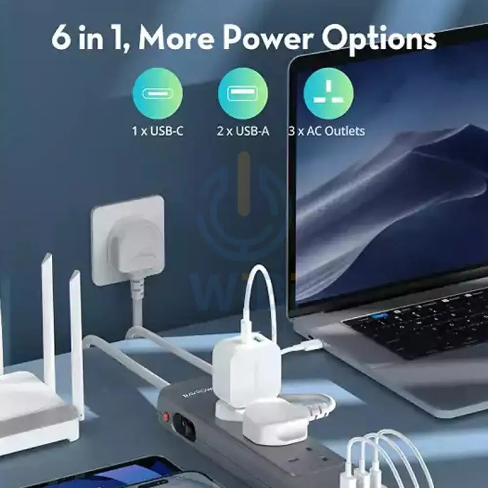 RAVPower Wall Charger 30W Power Strip UK - 3M / USB-A / Type-C - Gray Accessories > Power > Power Protection > Surge