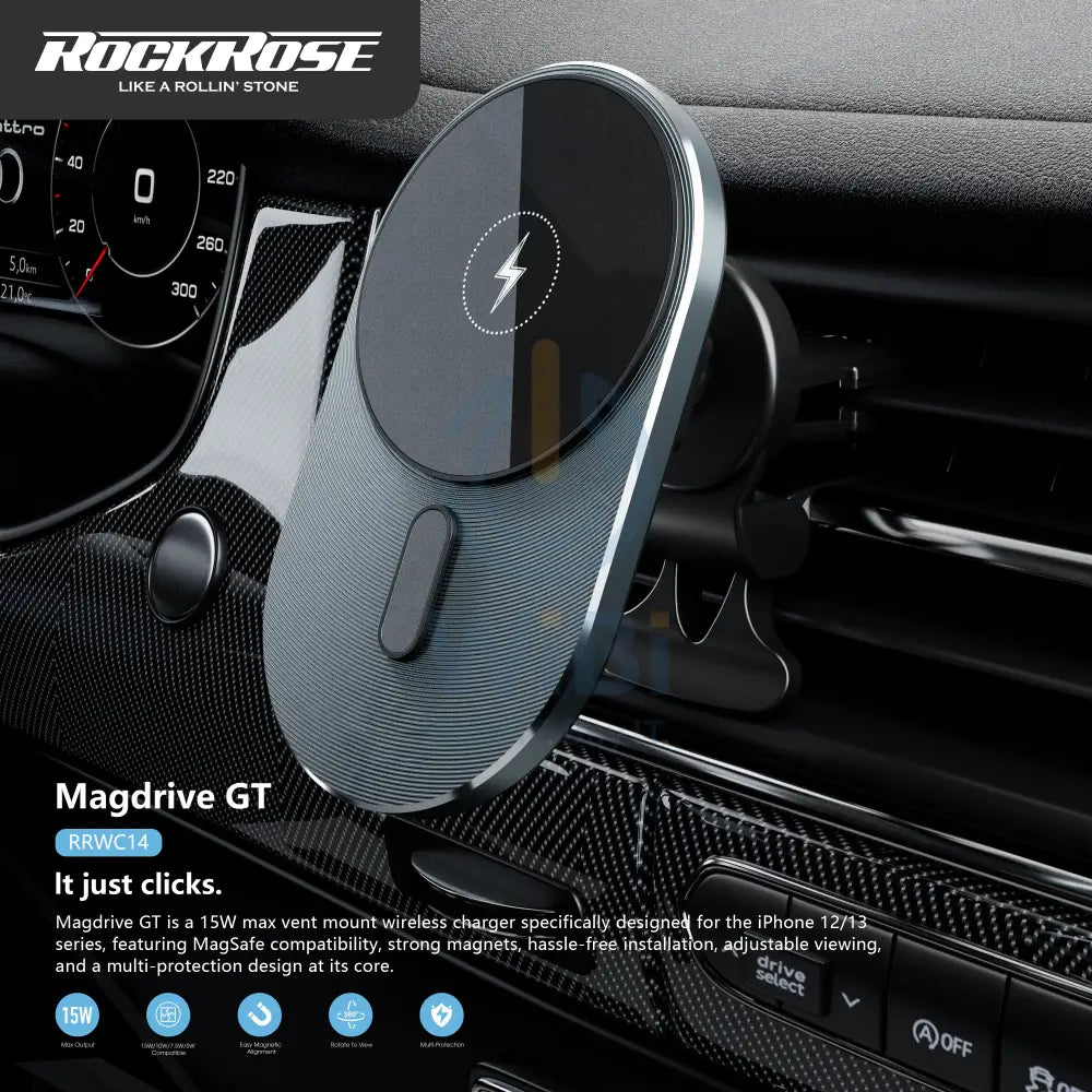 Rockrose 15W Magnetic Air Vent Wireless Charger Compatible with MagSafe - Black Accessories > Power Adapters