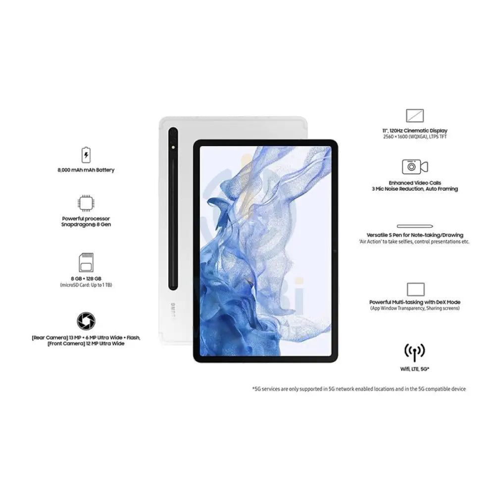 سامسونج جالكسي تابلت S8 - 11" TFT / 8 جيجابايت / 128 جيجابايت / واي فاي / فضي - تابلت