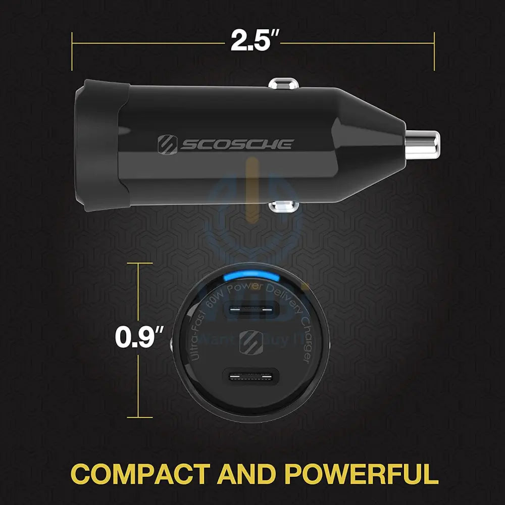 Scosche Powervolt Dual Fast Car Charger - 60W / USB-C / Black Accessories > Mobiles & Tablets > Mobiles > Car Chargers