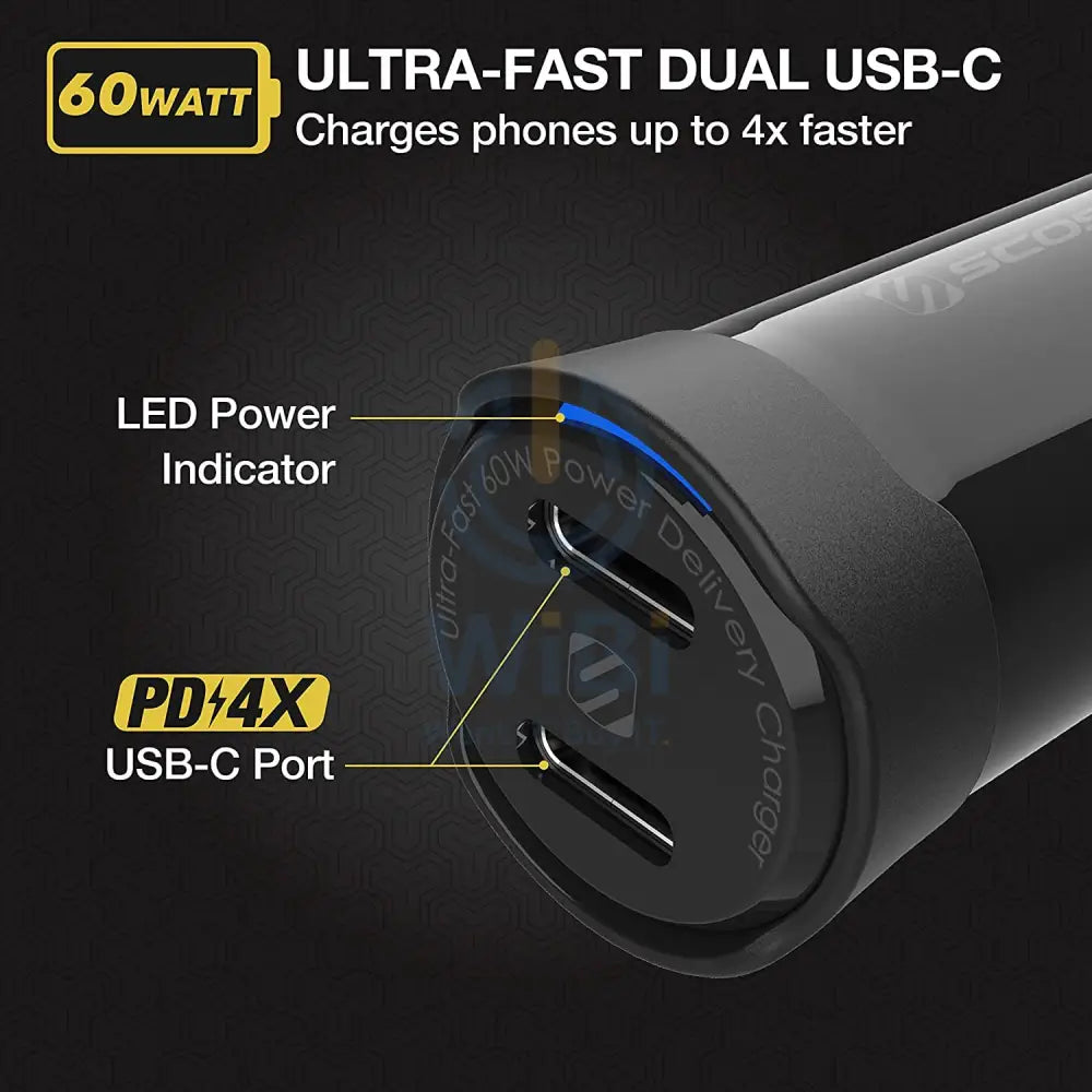 Scosche Powervolt Dual Fast Car Charger - 60W / USB-C / Black Accessories > Mobiles & Tablets > Mobiles > Car Chargers