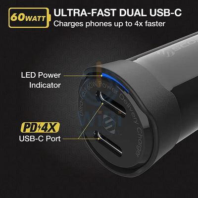 Scosche Powervolt Dual Fast Car Charger - 60W / USB-C / Black Accessories > Mobiles & Tablets > Mobiles > Car Chargers