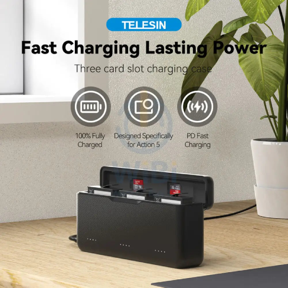 TELESIN 3-Slot Battery Charger for DJI Osmo Action 5 Pro - Black Accessories > Cameras