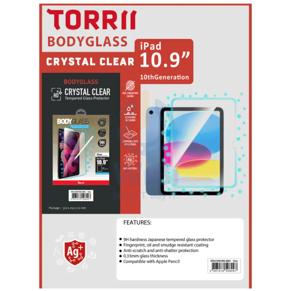Torrii Bodyglass Anti-Bacterial Glass Screen Protector For iPad 11 (A16) & iPad 10.9 (10Th Gen) - Clear Accessories >