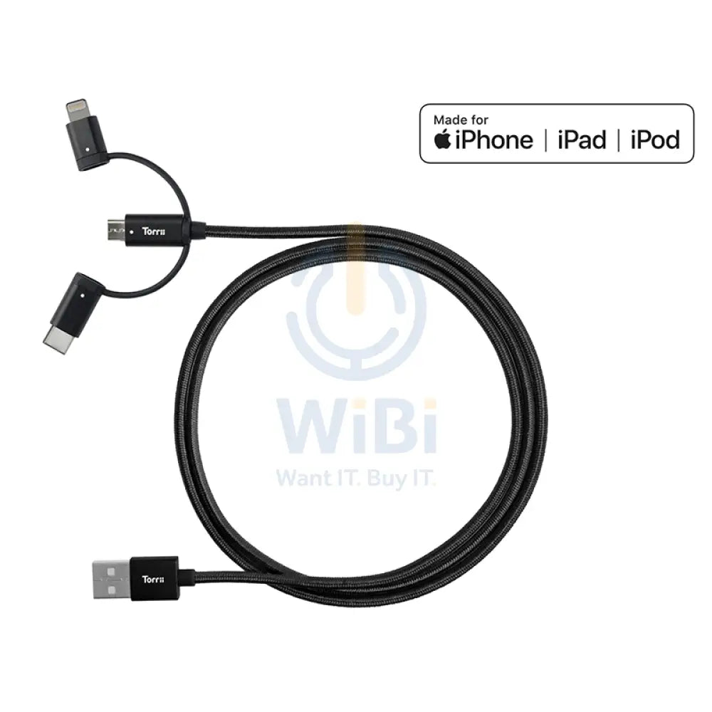 Torrii Bolt 4 Port Charging Hub 47W With One Torrii Kevable PD cable & One Torrii Kevable 3In1 cable - Black