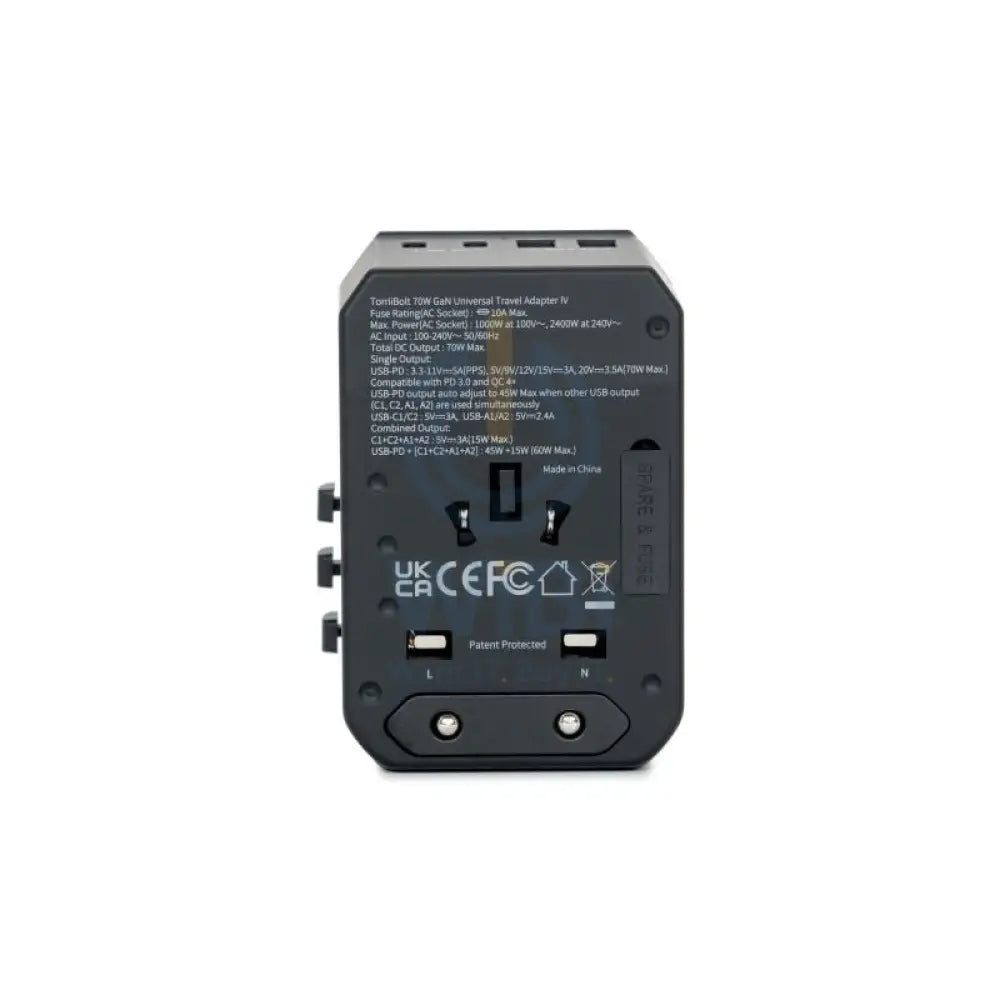 Torrii Bolt Universal V4 Travel Adapter – 70W / USB-C / USB-A / AC Wall - Black Accessories > Power Adapters
