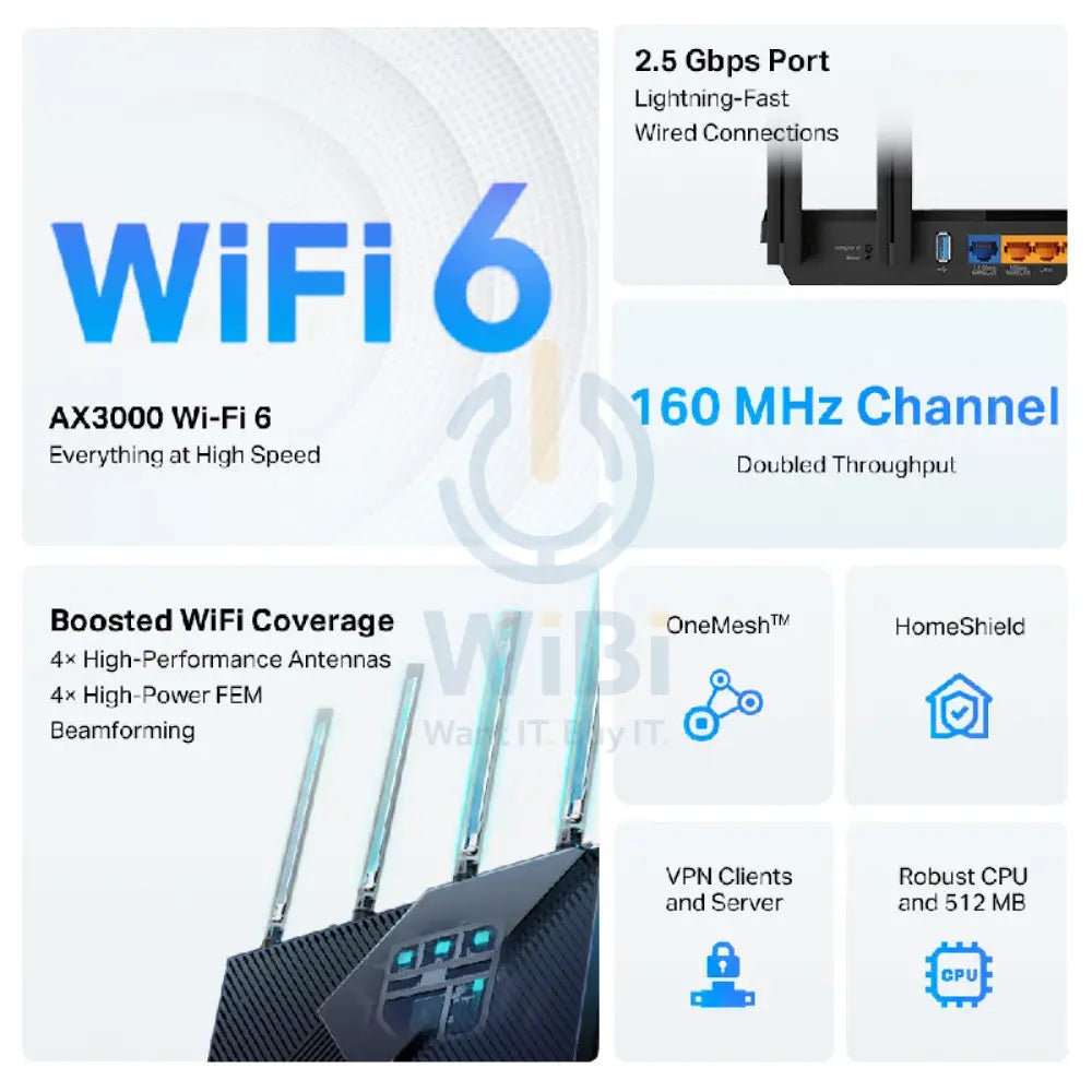 TP-Link (Archer AX55 Pro) AX3000 Dual Band Multi-Gigabit Wi-Fi 6 Router - 2.5 GHz(574 Mbps) / USB 3.0 / Gigabit WAN