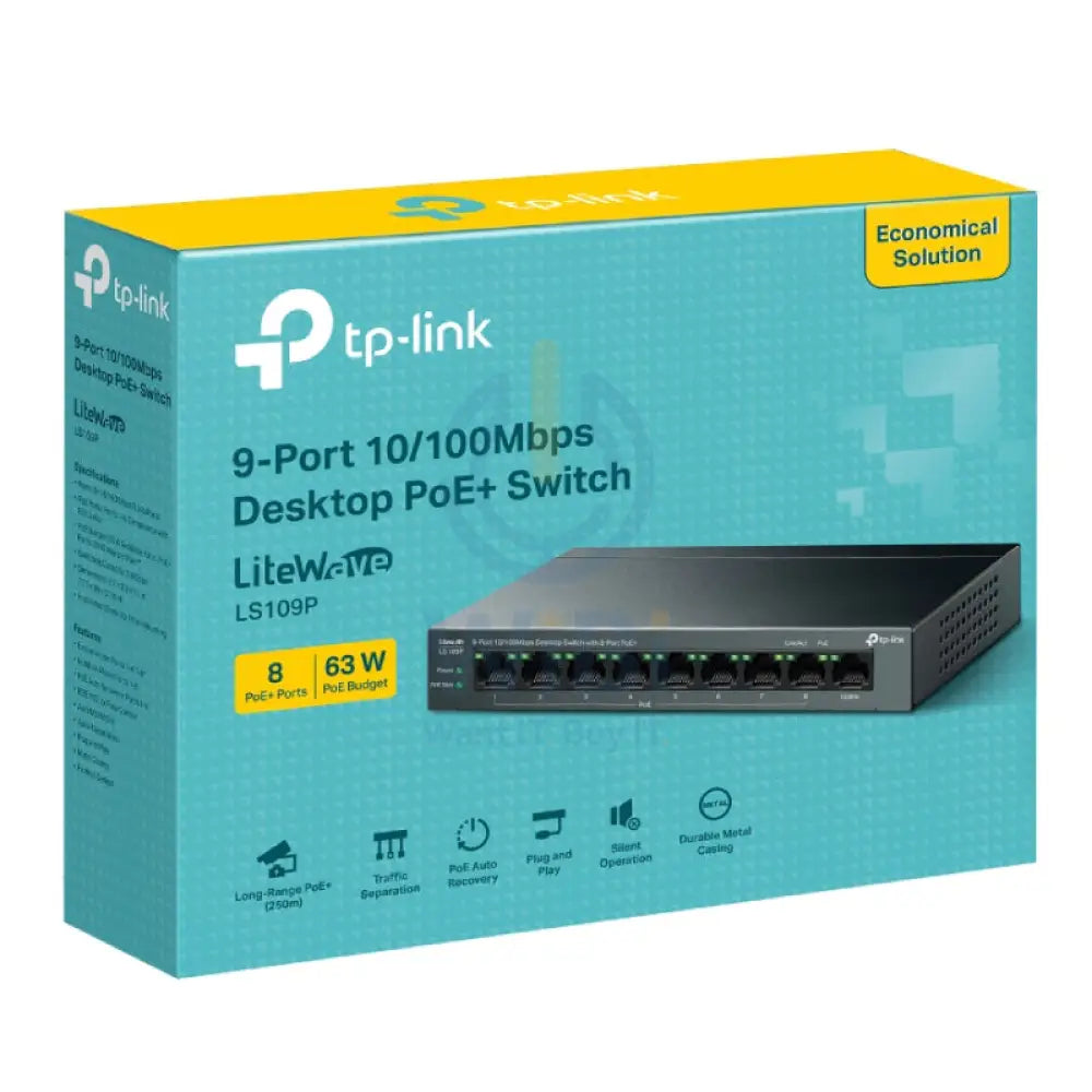 TP-Link (LS109P) 9-Port Desktop Switch with 8-Port PoE + - 1.8 Gbps / LAN Networking Products > Switches