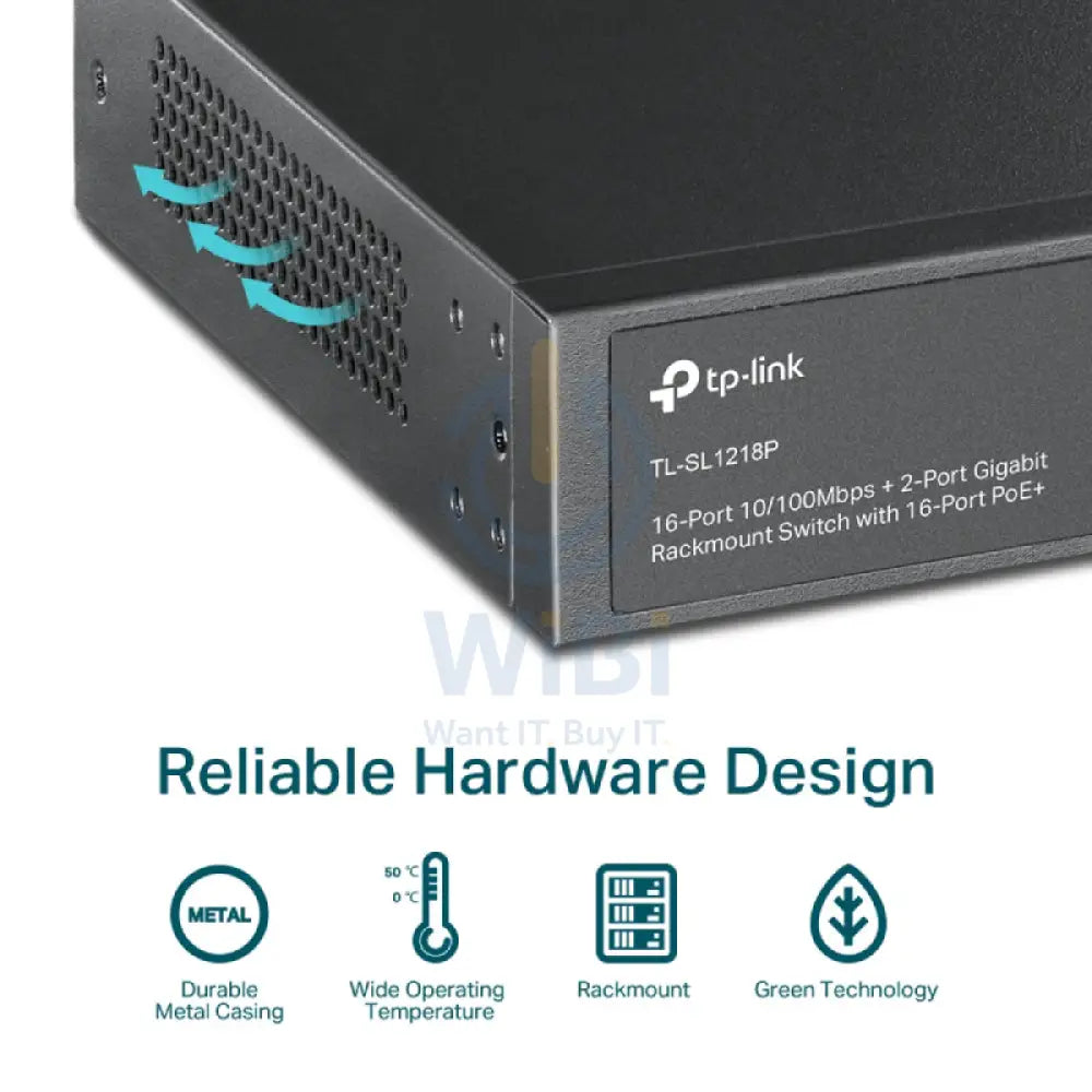 TP-Link (TL-SL1218P) 16-Port 10/100 Mbps + 2-Port Gigabit Rackmount Switch with 16-Port PoE + - 7.2Gbps / LAN