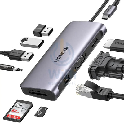 UGREEN 10-in-1 Multiport Adapter,VGA 1Gbps Ethernet 100W PD 3 USB 3.0 Port SD/TF Card Slot and 3.5mm Audio USB C