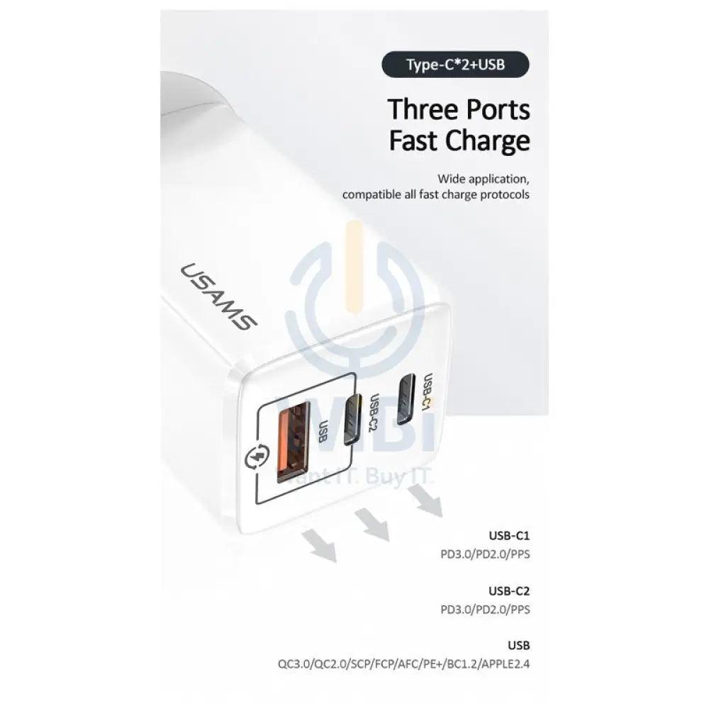 USAMS GAN 65W USB-C Charger With Lightning Cable - 65W / USB-C / USB-A / White