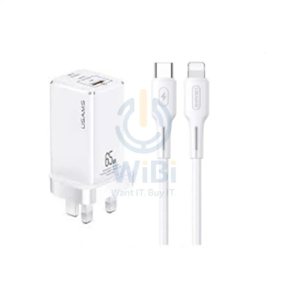 USAMS GAN 65W USB-C Charger With Lightning Cable - 65W / USB-C / USB-A / White