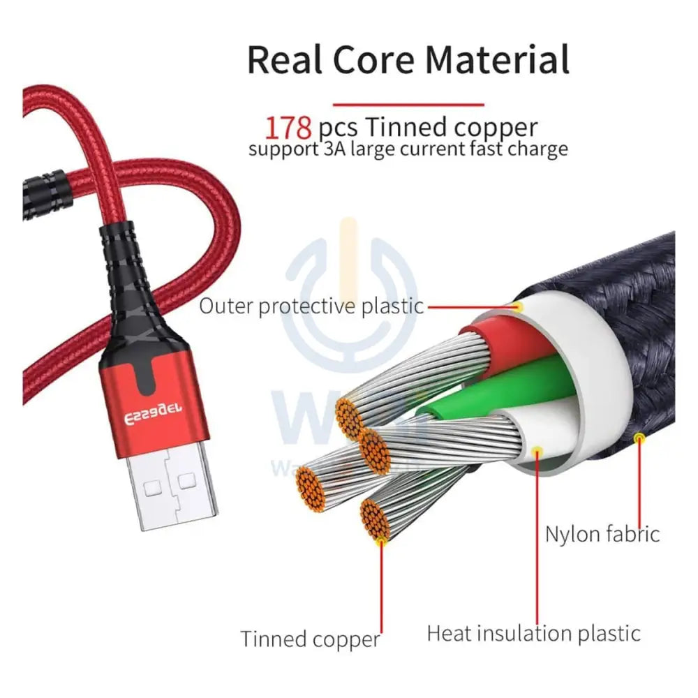 USB Type-C Fast Charging Cable With LED Light - USB Type-C / 2 Meter / Red / Pack of 2 - Cable
