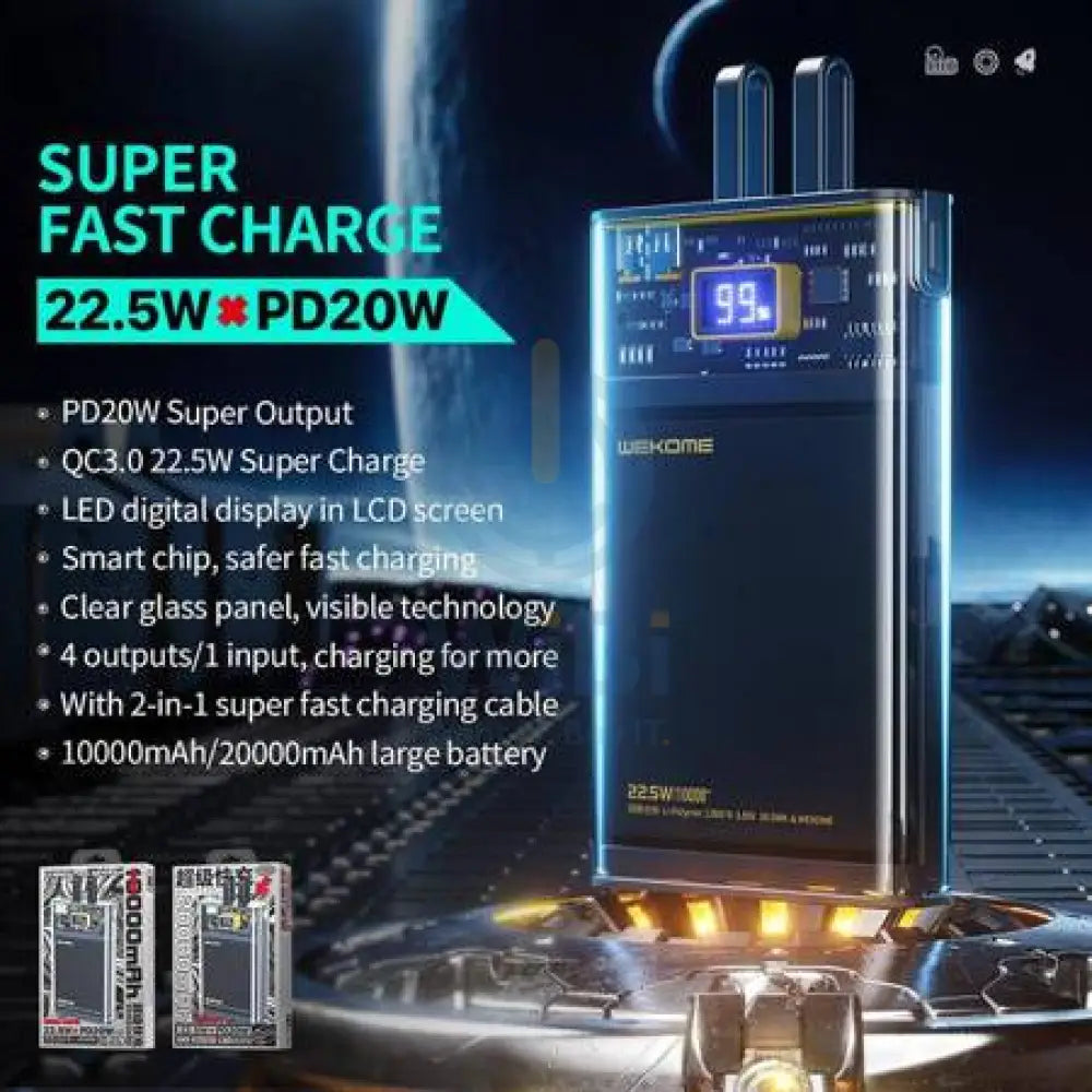 Wekome WP-325 20000mAh Pioneer Series Explore 22.5W Fast Charge Power Bank with Cable - Black Accessories > Power Bank