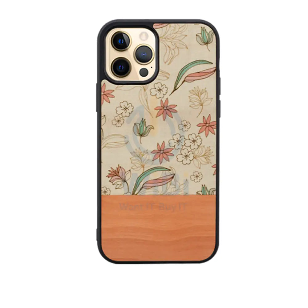 Wooden Case For iPhone 12 & 12 Pro - Pink Flower Accessories > Mobiles & Tablets > Offer Zone