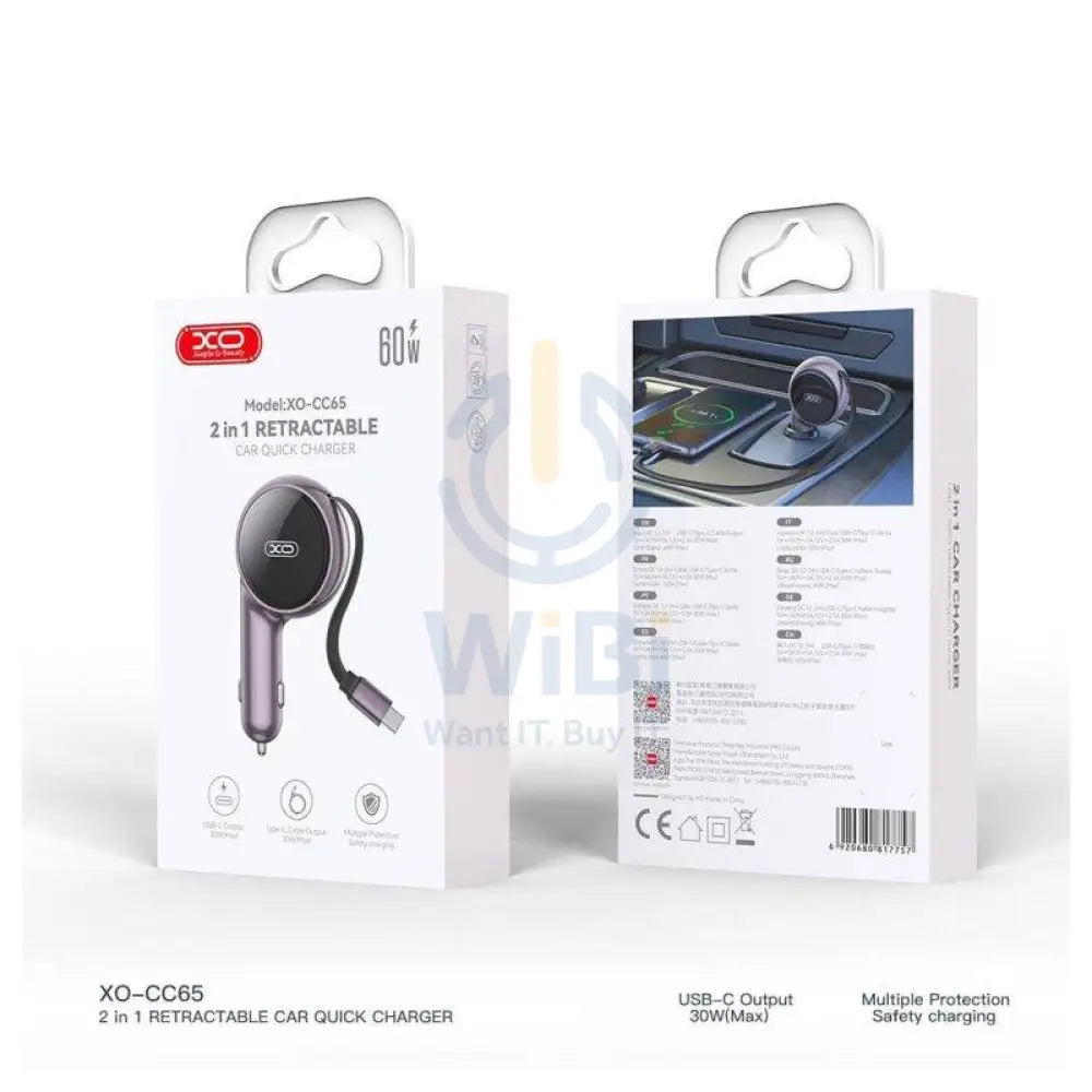 XO CC65 2-in-1 Retractable Car Charger - 60W / Purple Accessories > Mobiles & Tablets > Mobiles > Car Chargers