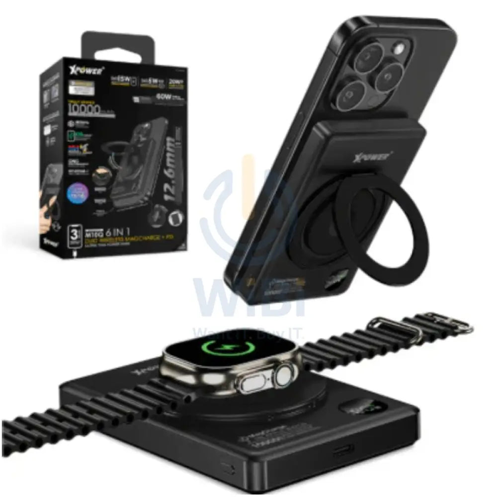 بنك إكس باور 6 في 1 لاسلكي 6 في 1 لاسلكي ألترا طاقة مع حامل بنك - 10000 مللي أمبير/ 20 واط/ أسود اكسسوارات > بنك طاقة