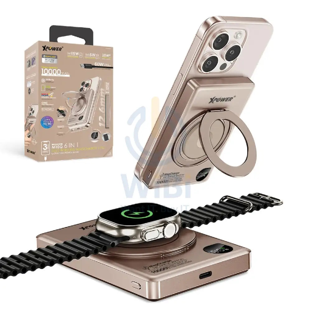 بنك طاقة باور 6 في 1 لاسلكي  6 في 1 لاسلكي ألترا  طاقة  مع حامل  بنك - 10000 مللي أمبير/ 20 واط/ تيتانيوم الصحراء اكسسوارات بنك