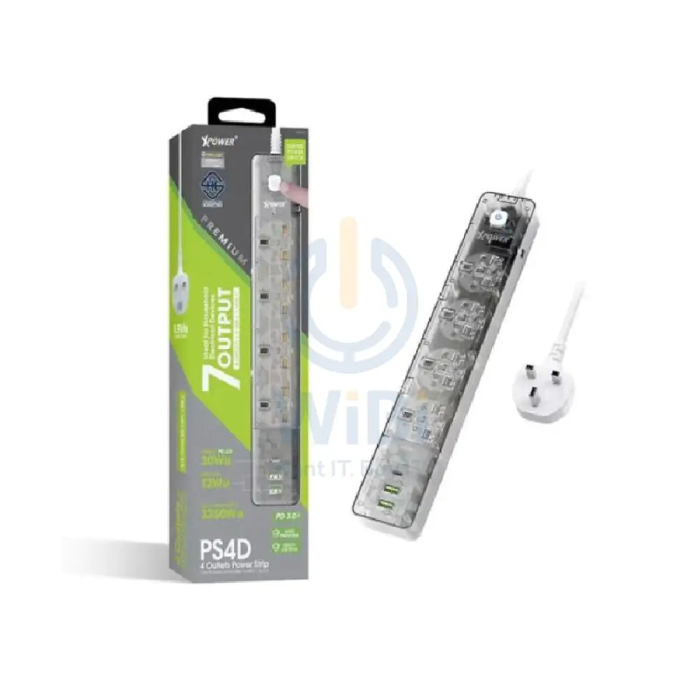 XPower PS4D 7 Output Sockets Power Strip - 3250W / 1 x Type-C / 2 x USB 3.0 / Transparent Black Accessories > Power >
