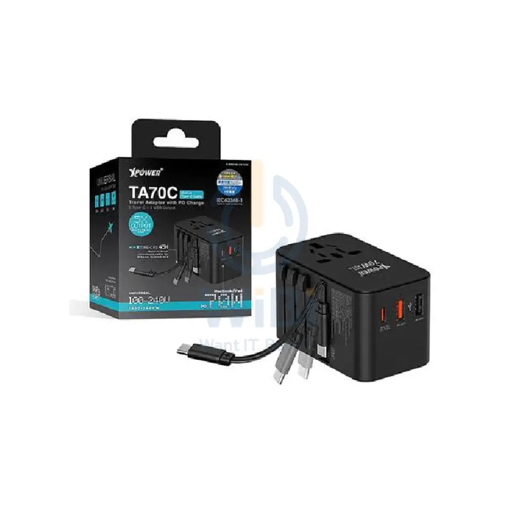 XPower TA70C Built-in Cable PD + PPS GaN Travel Adapter - 70W / Black Accessories > Power Adapters > Offer Zone