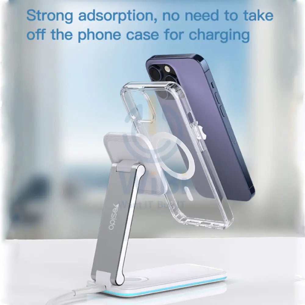 Yesido DS17 Magnetic 3 In 1 Foldable Wireless Charging Dock Stand - 15W / Wireless / Type-C - White Accessories >