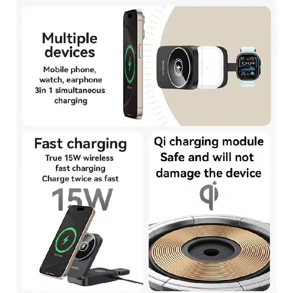 Yesido DS27 3-in-1 Desktop Wireless Charger - 15W / Black Accessories > Power Adapters