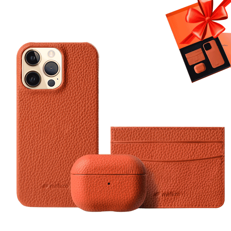 iPhone 12 12 Pro Airpod 3 Orange Leather Case Gift Set With