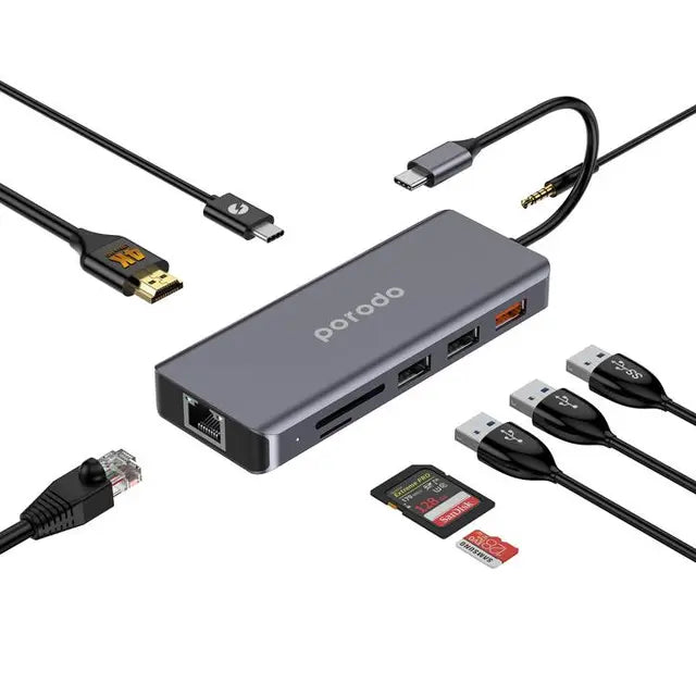 Porodo 9in1 4K HDMI Ethernet USB-C Hub