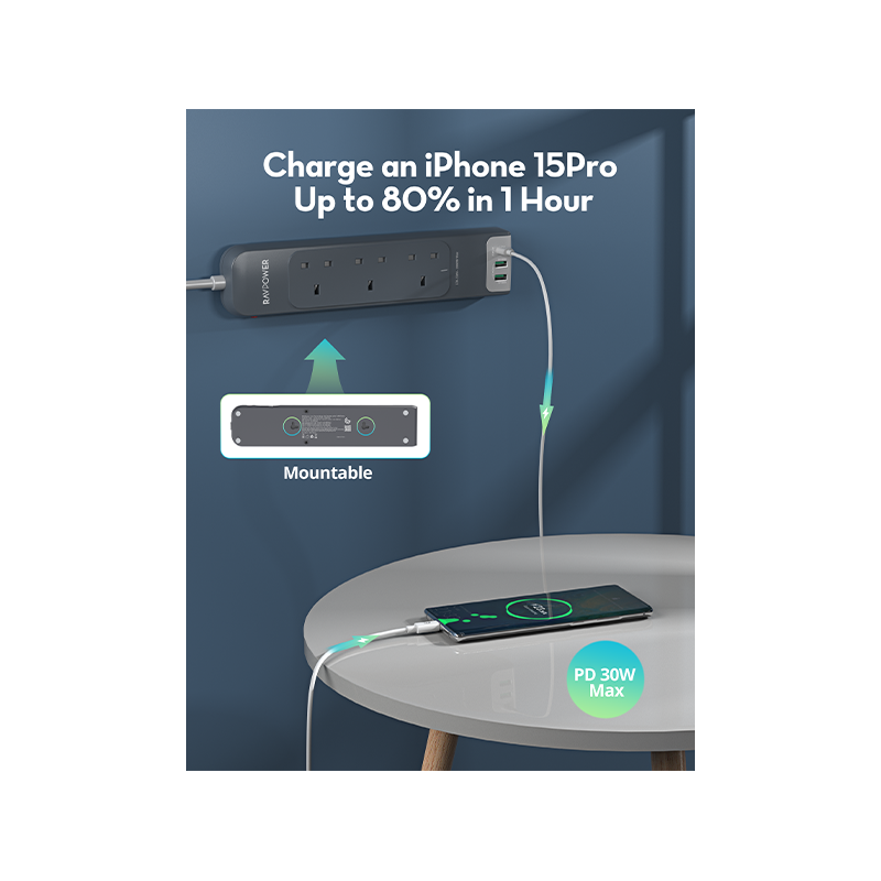 RavPower PD30 3 AC Multiport Socket With 3M Cable / USB-C / USB-A