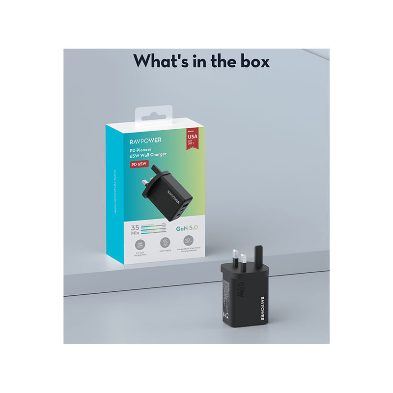 RavPower GaN Wall Charger / USB-C / USB-A / PD 65W - Black