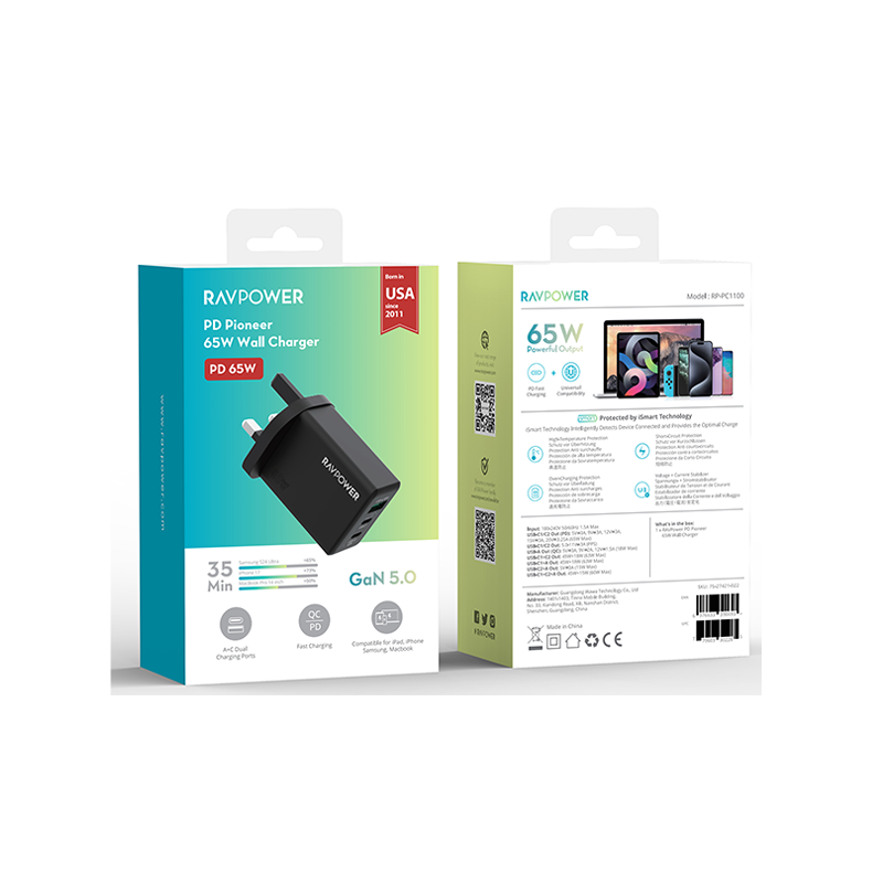 RavPower GaN Wall Charger / USB-C / USB-A / PD 65W - Black