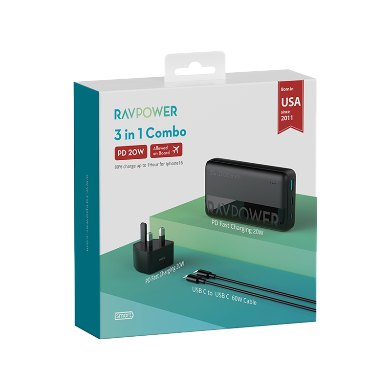 RavPower 3 In 1 Combo (USB-C Wall Charger + USB-C to USB-C Cable + 20000mAh Power Bank)