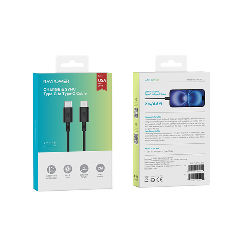 RavPower Cable / 60W / USB-C to USB-C Cable / 2M - Black