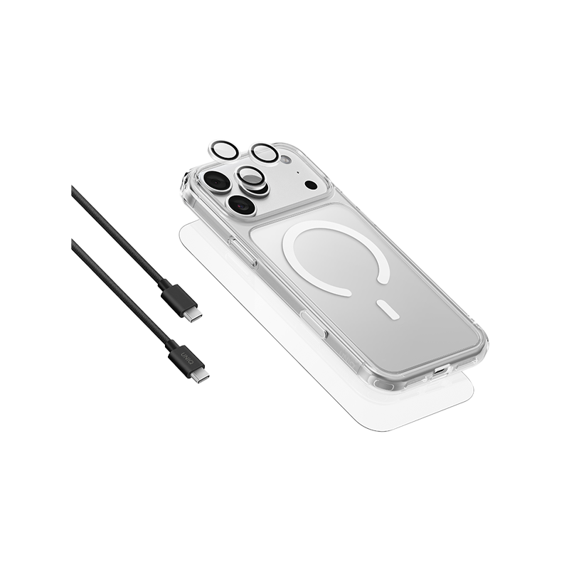 Uniq Hybrid Clearvue 360 Essential Bundle Pack (MagSafe Case + Screen Protector + Camera Lens Protector + 1M USB- C to C Cable) for iPhone 18 Pro