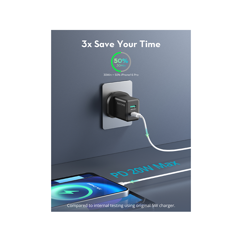 RavPower GaN Wall Charger PD 20W 1-Port USB-C and 1-Port USB-A - Black