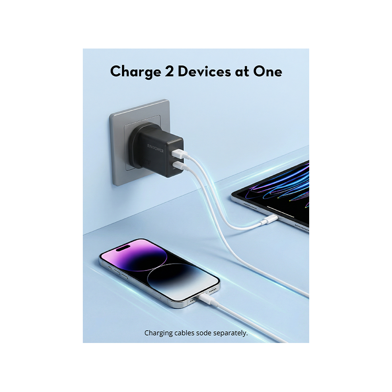 RavPower GaN Wall Charger PD 20W 1-Port USB-C and 1-Port USB-A - Black