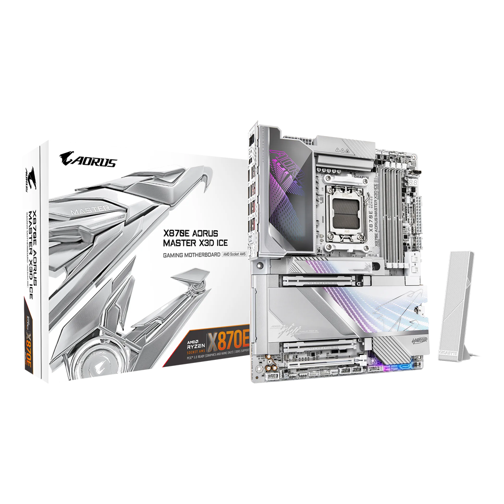 GIGABYTE X870E AORUS MASTER X3D ICE Motherboard - Wi-Fi7 / Bluetooth / HDMI / DisplayPort / USB - White