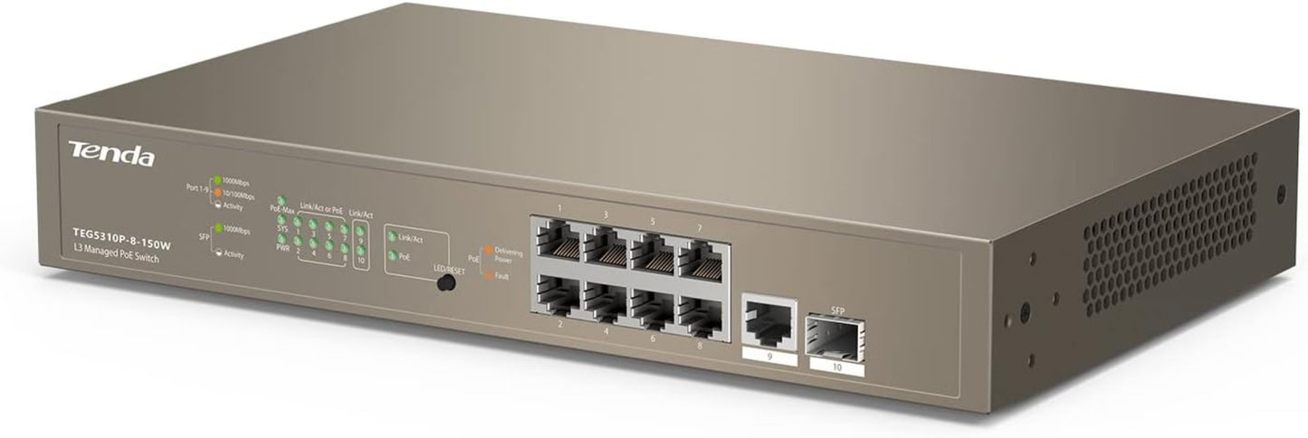 Tenda TEG5310P, Managed 3 Layer Gigabit PoE Switch, Enterprise 10 Port PoE Switch with 8 x PoE+ @ 150W, 1 x GE Port & 1 x SFP Port, Smart PoE Power Supply, Flexible QoS/ IGMP/ ACL/ ARP/ DHCP Snooping