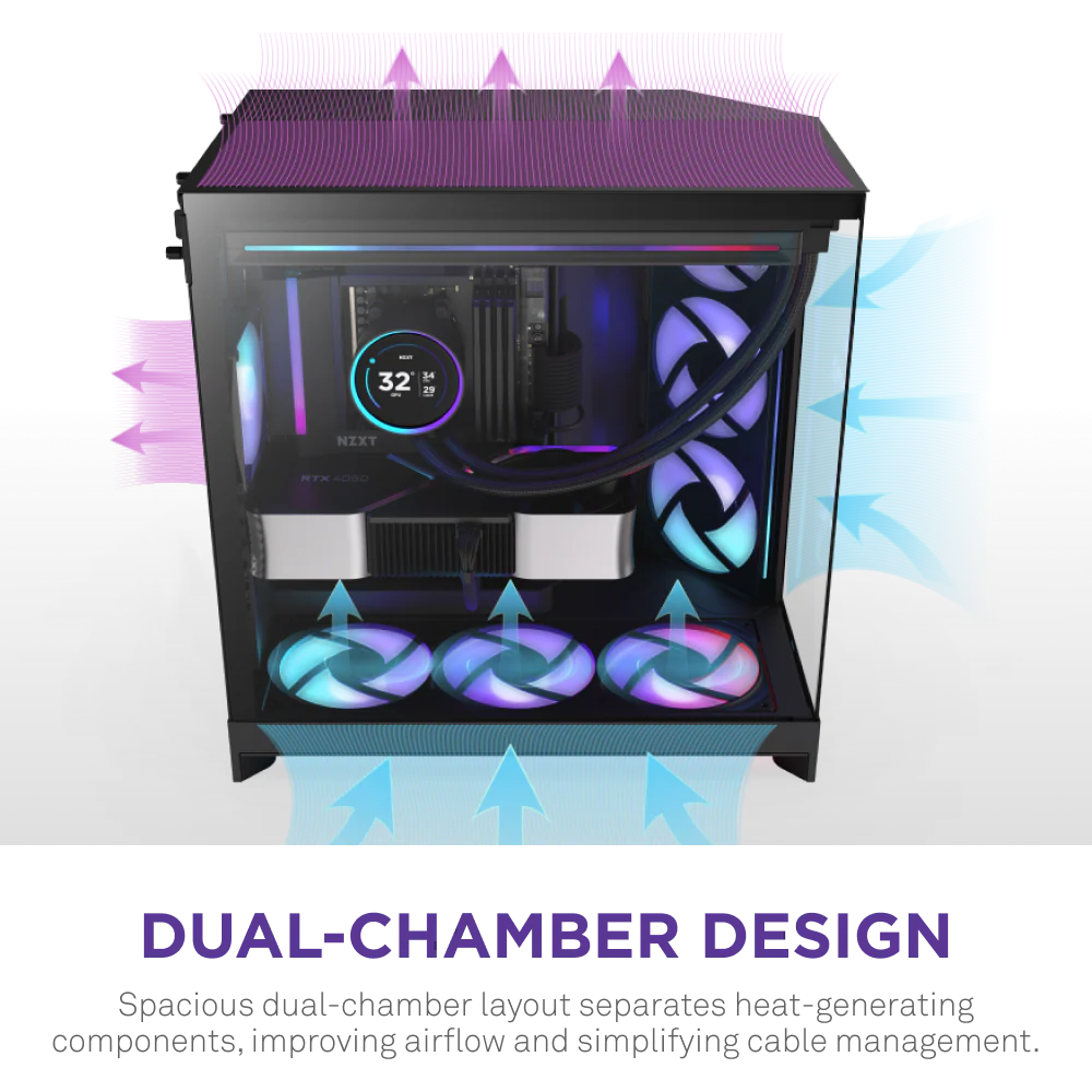 NZXT H9 Flow RGB (2025) Dual-Chamber Mid Tower Case With RGB Fans - Black