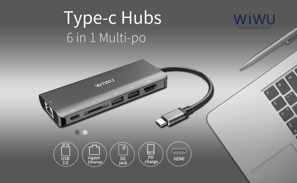 Wiwu Usb Type-C 6 In 1 Hub Aluminum Case For Macbook-H1+