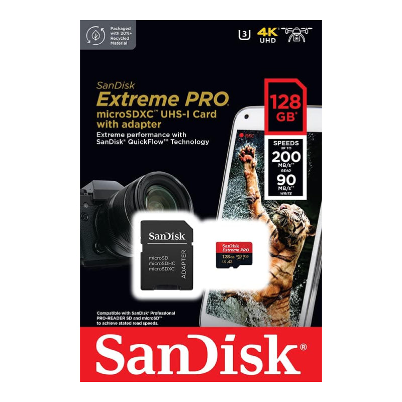 SanDisk Extreme برو microSDXC UHS-I بطاقة مع محول - 128 جيجابايت / فوق إلى 200 ميجابايت/ثانية