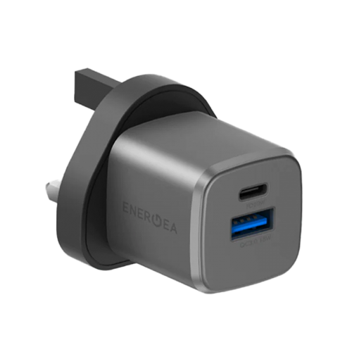 Energea Ampcharge 1-port USB-C and 1-port USB-A 20W GaN Wall Charger - Gunmetal