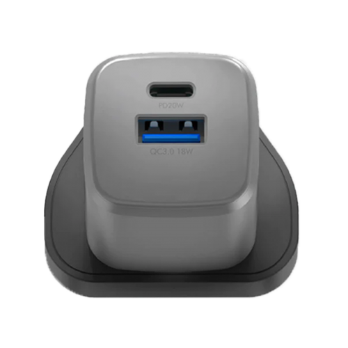 Energea Ampcharge 1-port USB-C and 1-port USB-A 20W GaN Wall Charger - Gunmetal